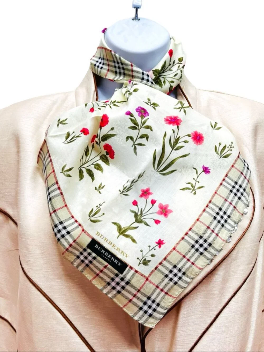 New   Burberry Neck-handker /Mini Scarf 19.5" Cotton Olive Gray Floral Check(77 - Picture 4 of 13